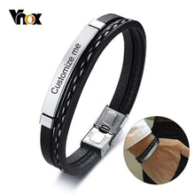 Load image into Gallery viewer, Vnox Multi Layer Leather Bracelets for Men Women Customizable Engraving Stainless Steel Bar Bangles Casual Personalized Pulseira