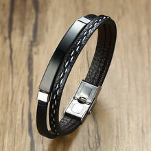 Load image into Gallery viewer, Vnox Multi Layer Leather Bracelets for Men Women Customizable Engraving Stainless Steel Bar Bangles Casual Personalized Pulseira