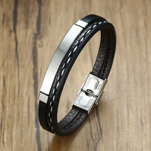 Load image into Gallery viewer, Vnox Multi Layer Leather Bracelets for Men Women Customizable Engraving Stainless Steel Bar Bangles Casual Personalized Pulseira